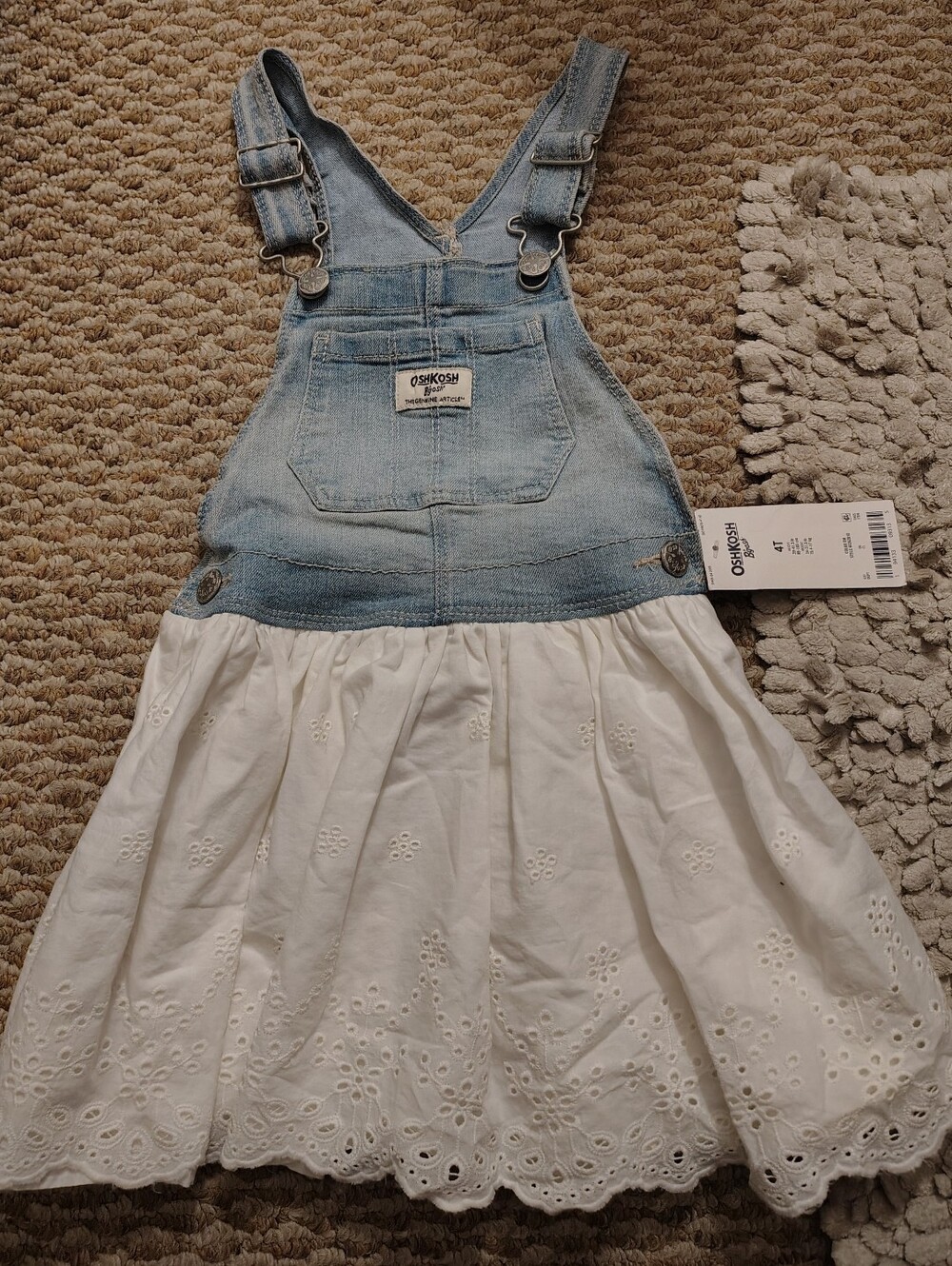 OshKosh B'gosh Light Blue Denim Overall Dress with White Eyelet Skirt